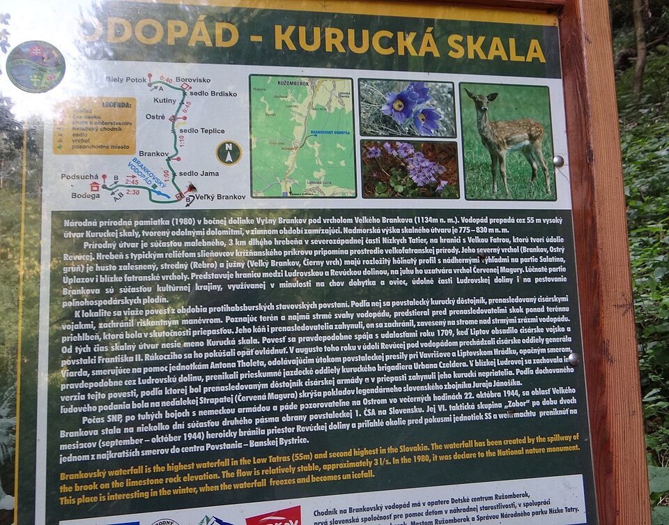 Wodospad Brankovský spadający przez skalne progi w lesie na skraju Niżnych Tatr