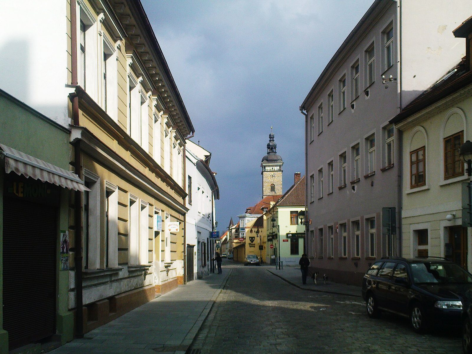 The Black Tower in České Budějovice seen from Hroznová street
