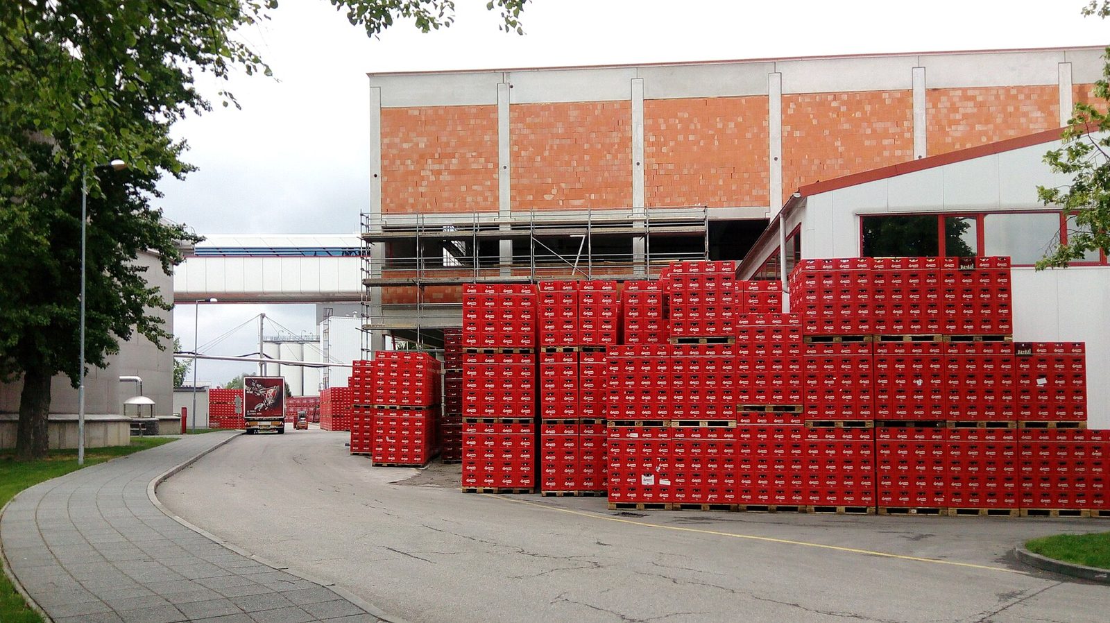 The Budějovický Budvar brewery grounds with stacked beer crates