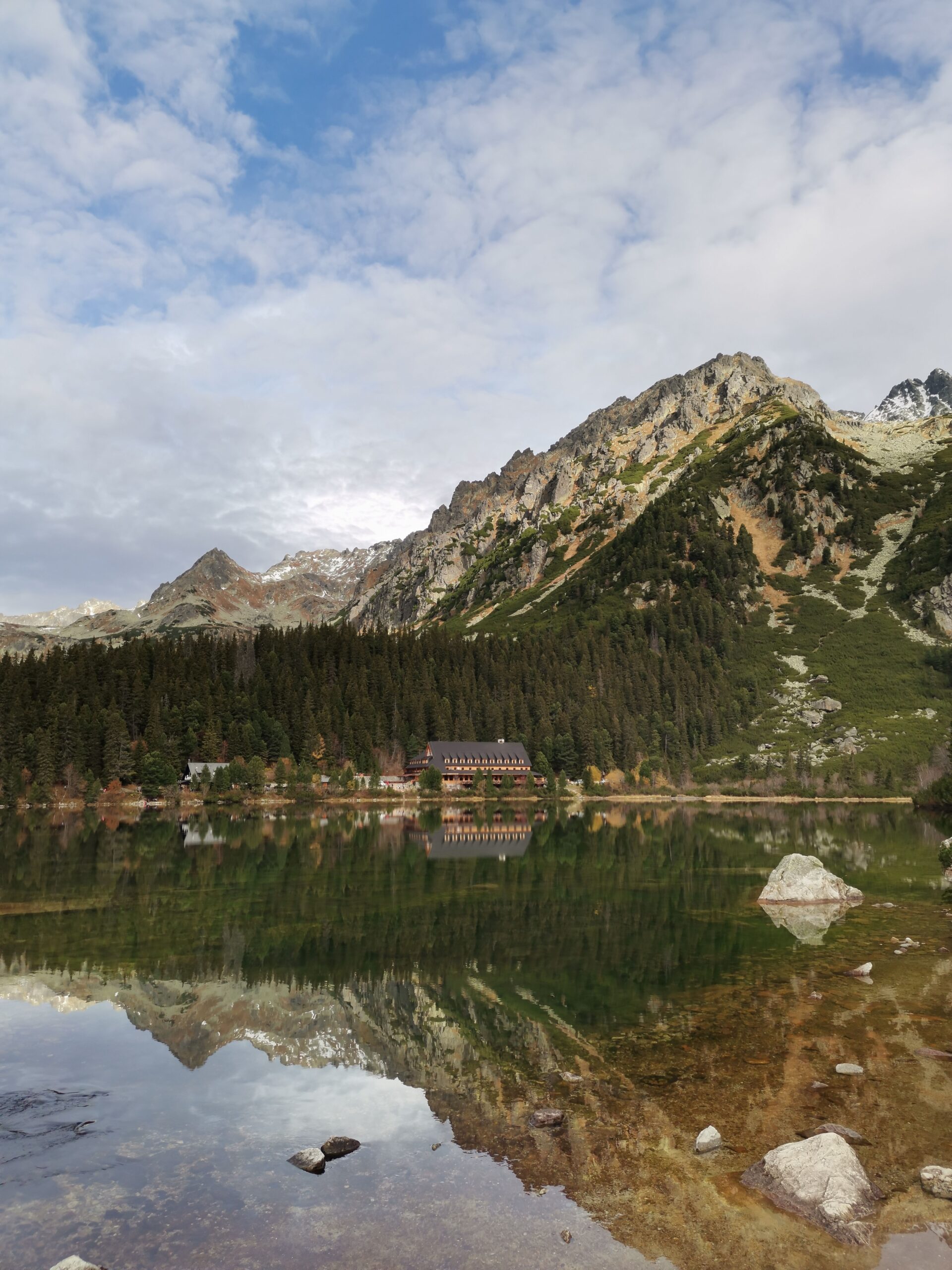 Mountains and forest reflected in the surface of Popradske pleso lake in the High Tatras, Slovakia