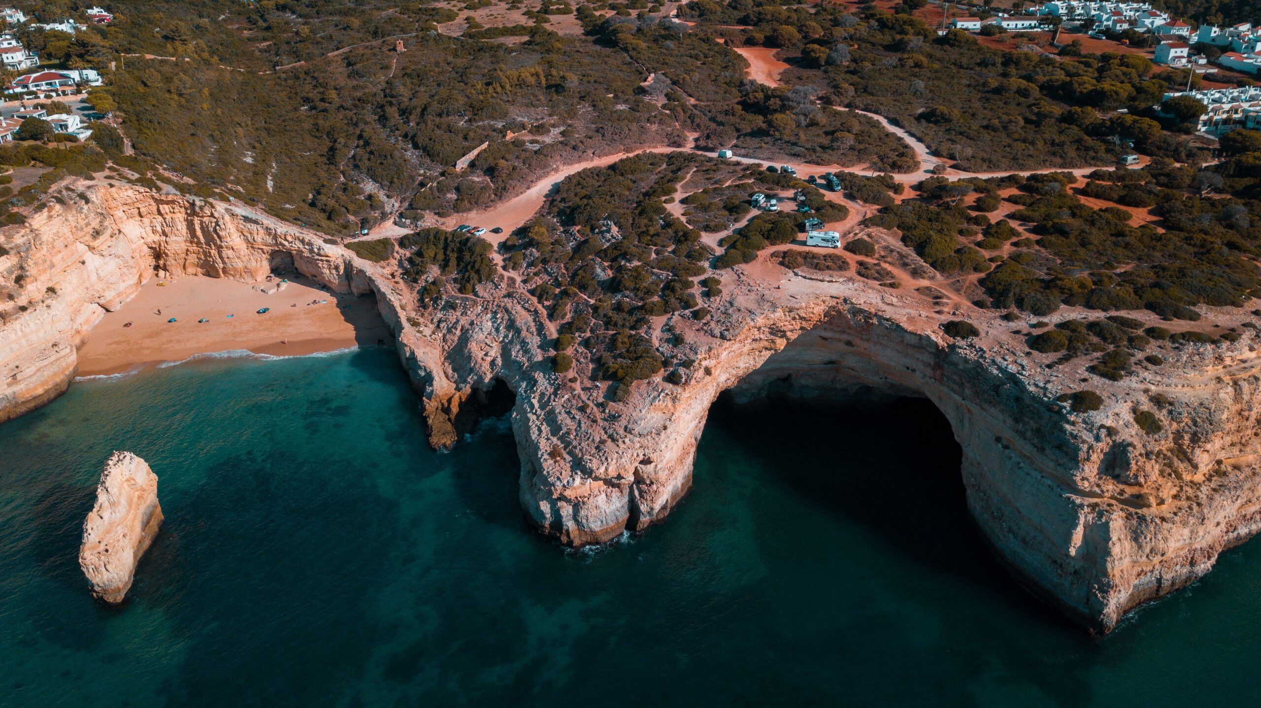 The Benagil Cave on the Algarve with its golden dome and an opening in the roof