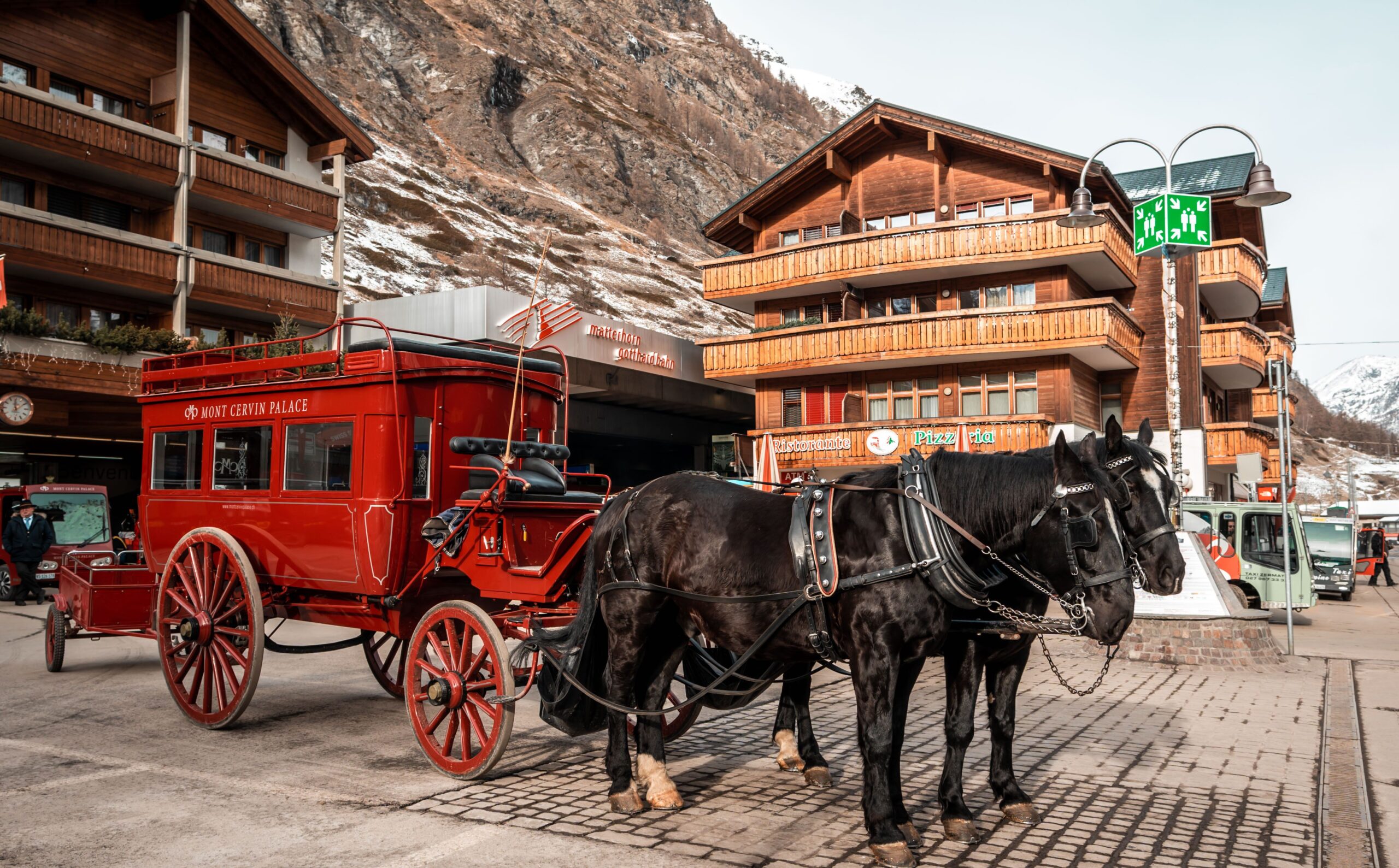 Wooden chalets and lanes in the village of Zermatt, Switzerland