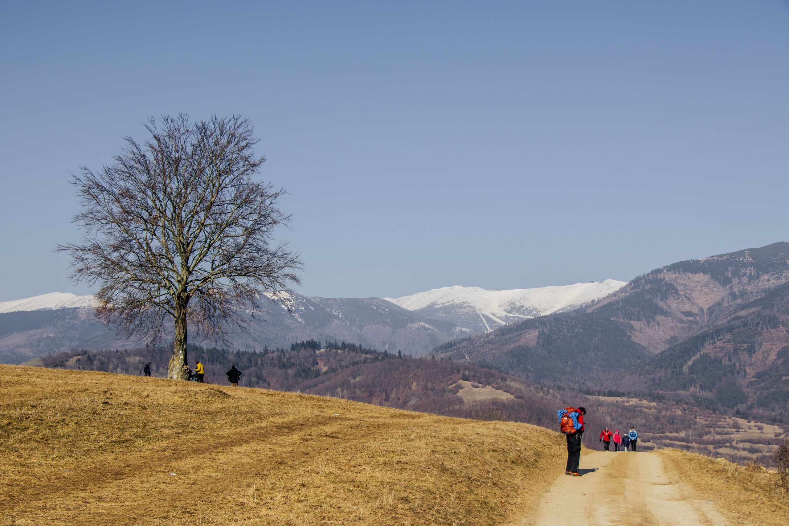 Turisté s batohy jdou po polní cestě k zasněženým hřebenům
