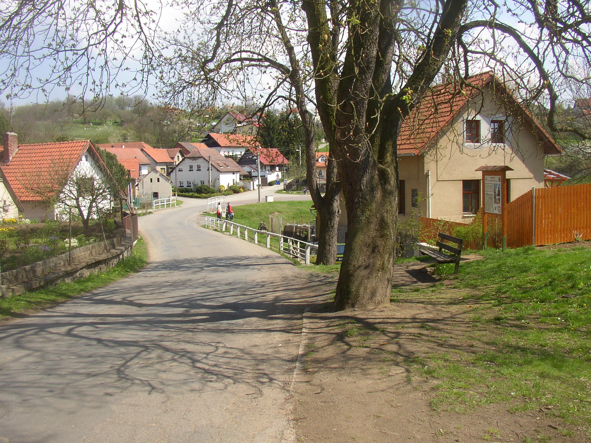 Silnice v Hrusicích s domy s červenými střechami, starým stromem a lavičkou, v pozadí zelené kopce
